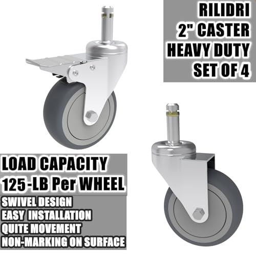 Image of 2-Inch Swivel Stem Caster, 7 /16-Inch Diameter Grip Ring Stem Rubber Wheel, Thermoplastic Rubber TPR Replacement Wheels - 4 Pack(2 Brakes 2 Swivel)