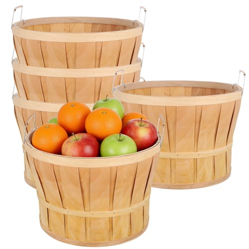 5 Pack Jumbo Half Bushel Baskets 14 x 9.5 Inch Large Natural Wooden Harvest Apple Baskets with Handles for Harvest Fruit Plants Farmers Market Produce and Home Storage Use