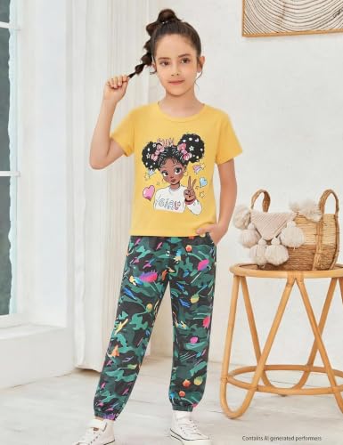 Image of mksodop Girls Outfit Set Graphic T Shirt and Camo Jogger Pants Cute Casual Clothes for Girls 5-16 Years