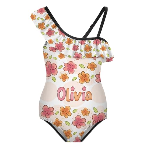 Girls One Shoulder Swimsuit‌‌ Custom Name Personalized Cartoon One Piece Swimwear Bathing Suits for Girl 6-12 Year