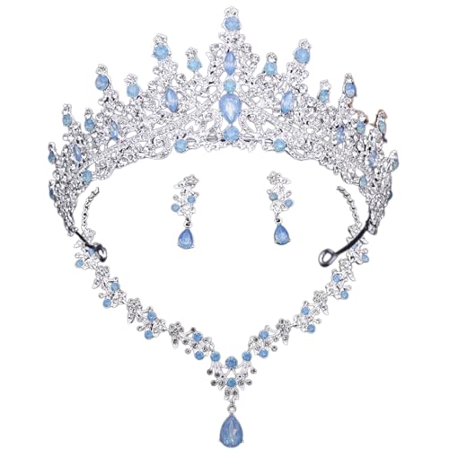Silver Light Blue Opal Bridal Tiara Jewelry Set with Necklace & Earrings in Luxury Gift Box – Elegant Crown for Weddings, Prom & Graduation