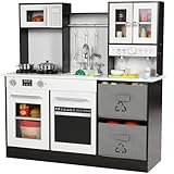 🎁Design réaliste : la cuisinière de cette grande cuisine en bois enfant a des effets sonores et lumineux. Les boutons de la cuisinière tournent non seulement en douceur, mais produisent également un agréable son de « clic ». Le robinet peut être tourné à volonté et le petit tableau noir peut être collé avec des recettes ou de jolis autocollants, offrant aux enfants une expérience de fonctionnement réaliste. Notez que le colis ne comprend pas de piles, veuillez acheter vous-même 2 piles AAA.
