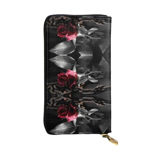 Portefeuille long vintage gothique en cuir imprimé roses noires d'exception