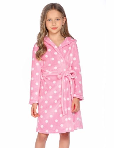 Arshiner Boys Girls Flannel Bathrobes Soft Fuzzy Hooded Robe Sleepwear with Belt for Kids