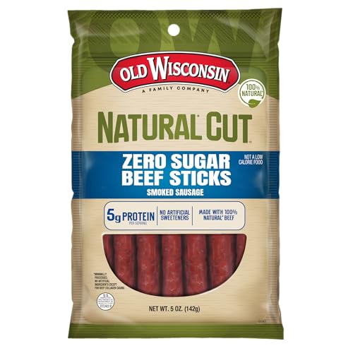 Old Wisconsin Natural Cut Beef Sausage Snack Sticks, Zero Sugar, Naturally Smoked, Ready to Eat, High Protein, Low Carb, Keto, Gluten Free, No Artificial Preservatives or Nitrates, 5 Ounce