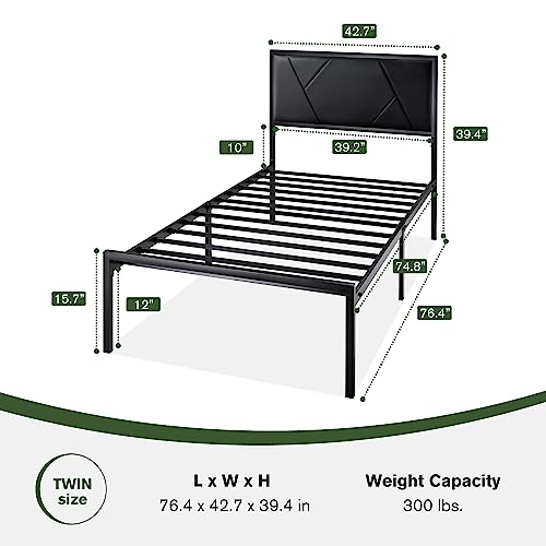 Muticor Twin Size Bed Frame With Geometric Leather Headboard, Heavy Duty Metal Platform Bed With Strong Metal Support, Ample Underbed Storage, No Box Spring Needed, Easy Assembly, Noise Free #TOP1