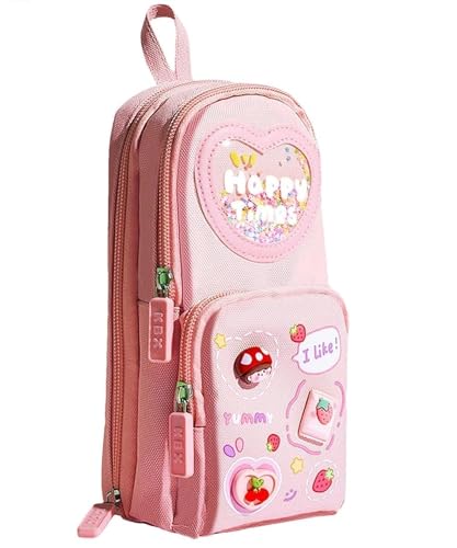 Image of 3 Compartment Large Capacity Cute Pencil Case Durable Storage Multiple Compartment, Zipper Portable Capacity Pencil Pouch for School & College Student (Happy Time Pink-Pouch)
