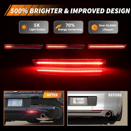Image of Rear Bumper Reflector Compatible with Fo-rd Must-ANG 2013 2014, [DOT] [IP67 Waterproof] Red LED Rear Bumper Reflector, Replace OEM #DR3Z15A448A, 1 Pair, Red Lens