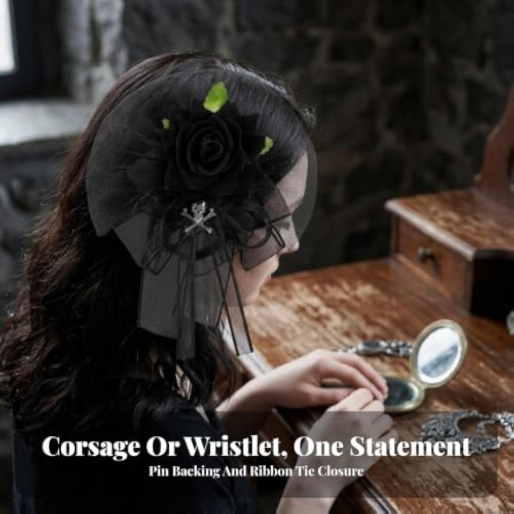 Gothic Rose Corsage Floral Accessory with Skull Charm