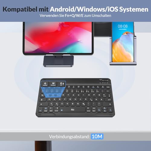 Rii Bluetooth Tastatur für Tablet, Tragbare Slim Tastatur mit Scissor-Mechanismen, Wiederaufladbar, QWERTZ Layout, Kompatibel mit iPad/Android/Windows, Schwarz 6