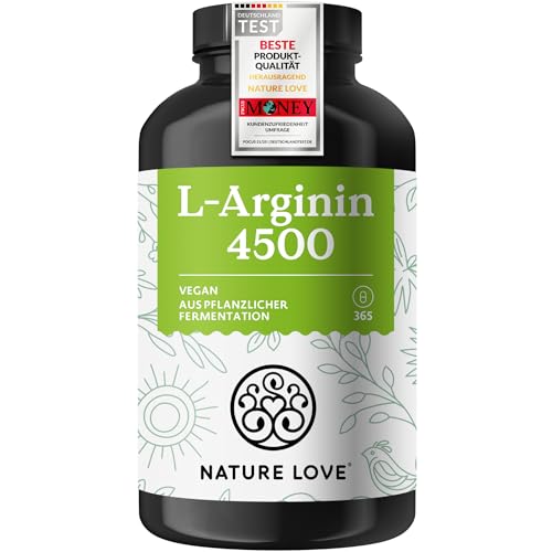 NATURE LOVE® L-Arginin - 365 Kapseln - Hochdosiert: 4500mg HCL (davon 3.750 mg Arginin) je Tagesdosis - In Deutschland produziert, vegan, laborgeprüft