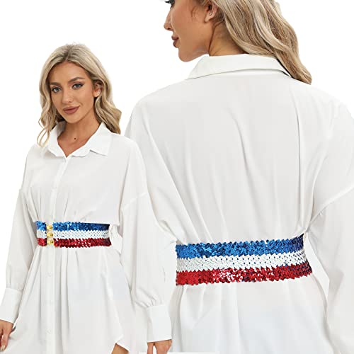 Women's Shiny Sequin Elastic Belt Wide Decorative Dress Belt Cute Belt For Girls With Metal Interlocking Buckle3