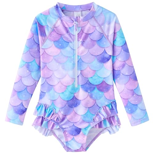 Image of UMELOK Girls Long Sleeve Rash Guard One Piece Swimsuits UPF 50+ Ruffle Zipper Bathing Suit 4-10 Years
