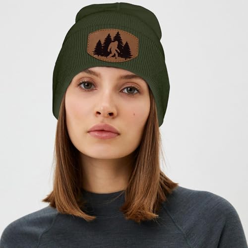 Image of Big Foot Beanie Hat, Sasquatch Leather Patch Winter Knit Skull Cap Bigfoot Gifts for Adult Men Women