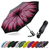 SIEPASA Compact Travel Umbrella - Windproof Auto Open/Close, Lightweight Folding Umbrella wIth Fiberglass Frame & Waterproof Canopy. Fits Backpack/Purse. (Pink Daisies)