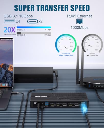 WAVLINK DisplayLink Estação de ancoragem Triplo Monitor – 4K a 60Hz para 3 monitores, carregamento d