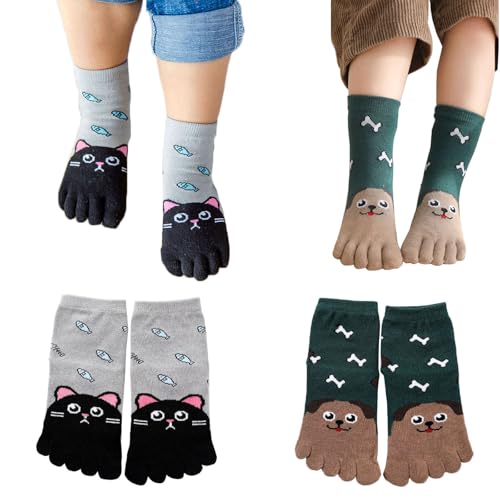 Pursuestar 2 Pairs Five Finger Toe Socks Athletic Casual Cartoon Animal Dog Cat Split Socks for Kids Boys Girls 3-12 Years