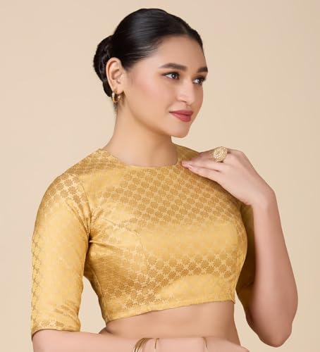 Image of Studio Shringaar Women Brocade Silky Jewel Neck Readymade Elbow Length Sleeve Saree Blouse