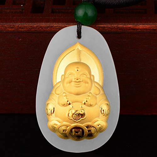 EASTCODE Natural White Hetian Jade 18K Solid Gold Inlaid Carved Buddha Lucky Amulet Pendant + Rope Necklace Jewelry