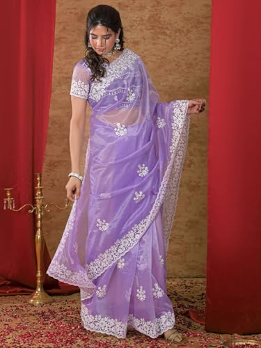 Image of Satrani Women's Net Embroidery Saree with Unstitched Blouse Piece