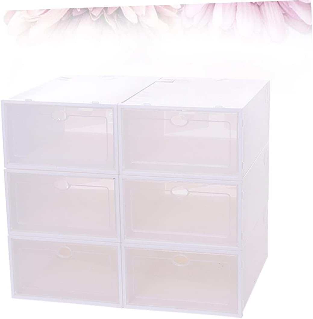 Wakauto 6PCS Stackable Thickened Transparent Shoe Boxes for Women White Plastic Shoe Storage Containers Space Saving Organizer for Small Closets Dorm Rooms and Home Use