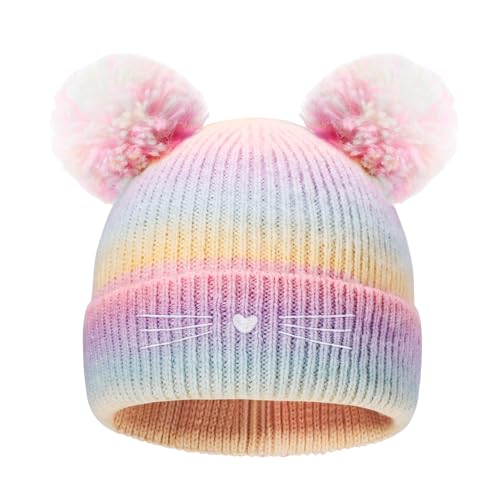 Kids Cat Embroidery Knitted Beanie with Pom Pom, Winter Beanies Hats Warm Ski Cap for Toddler Girls