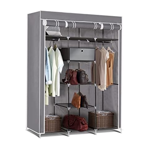 Xpork Fabric Canvas Wardrobe 175x150x45cm Clothes Storage Organiser with Hanging Rail Storage Rack Cupboard Unit for Bedroom Living Room Cover