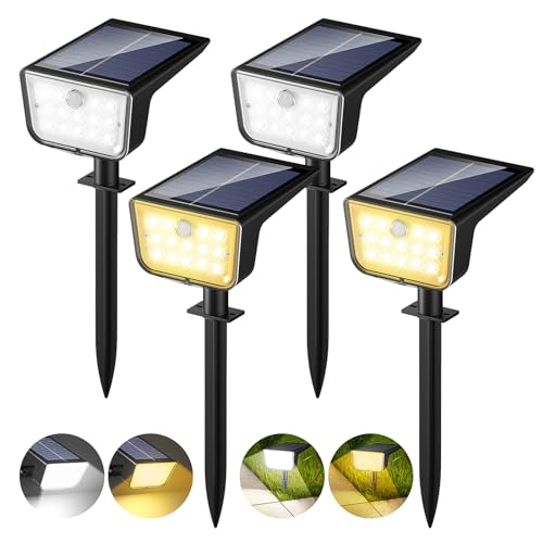 Lureshine Luces Solares Exterior Jardin Potente, 2 Colores 6 Modos Focos LED Exterior Solares con Sensor de Movimiento, 1800mAh Impermeable IP65 Luz Solar Exterior para Jardin Caminos Patio(4 Piezas)