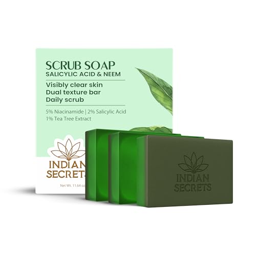 Image of Scrub Soap with Salicylic Acid & Neem - Exfoliating Body & Face Soap - Enriched with Niacinamide, Tea Tree Extract, Neem, Salicylic Acid - Pack of 3 (110g /3.88Oz each)