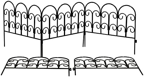 Floralcraft 17.7in X 14.76ft Decorative Garden Border Edging Fence Panels, Double Scroll Design Rustproof Black Steel Animal Barrier Wire Border Flower Bed Vegetable Fence, (10 Panels in Box)