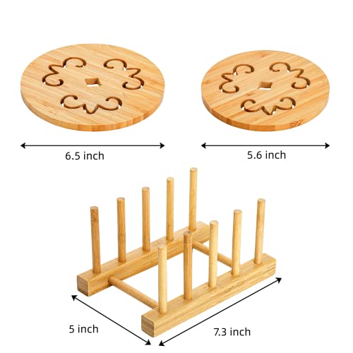 AVLA 6 Pack Natural Bamboo Trivet Mat Set, Heat Resistant Pads with Dish Rack, Kitchen Wood Non-Slip Coaster, Durable Anti-Hot Trivet Stand Mat Set for Hot Dishes, Bowl, Teapot, Hot Pot Holders - Thumbnail 2