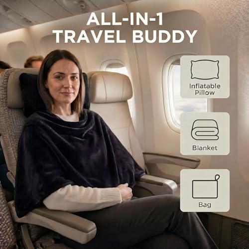 Image of Dot&Dot Twist Memory Foam Travel Pillow for Airplanes - Travel Neck Pillow for Sleeping - Airplane Pillow for Neck Support - Adjustable, Bendable Neck Roll Pillow (Black, w /Blanket)
