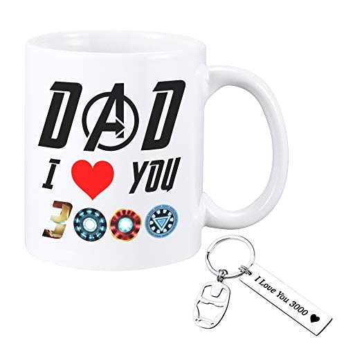 QICI Dad Gift I Love You 3000 Taza + llavero "I Love You 3000" Marvel Avenger, regalos de Iron Man, regalo para papá de la hija del día del padre Papá