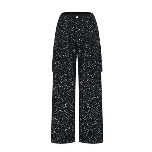 Oplxuo Women's Multi-Pocket Rhinestone Casual Jeans, Womens Cargo Pants High Waisted Baggy Wide Leg Denim Pants4