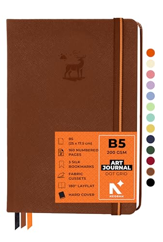 Image of NEORAH - B5 - ART JOURNAL | 200Gsm Dotgrid Notebook |160 Pages(25.0 x 17.5 cm) | Lay Flat |Hard Cover Bullet - Journal |3 Bookmarks |Elastic Closure | Inner BackPocket | Ideal-Bujo,Sketchbook (BROWN)