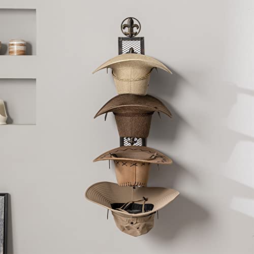 Tickcacy Cowboy Hat Rack For Wall, Metal Fleur-De-Lis Cowboy Hat Holder For 4 Hats, Vertical Western Hat Hanger Wall Mount, Rustic Fold-Up Wall Hanging Decorative Hat Racks, 13.8”W X 32.6”H #TOP6