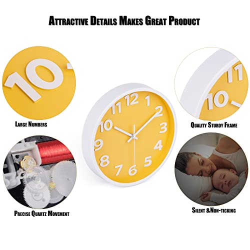 10 Inch Yellow Modern Wall Clock Silent Non-Ticking Battery Operated Wall Clocks For Home Office School Decor,3D Numbers Easy To Read #TOP4