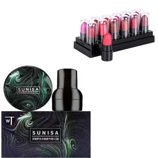 Sunisa BB and CC Cream Foundation With Mushroom Head Air Cushion 20g, Mini Matte Travel Combo Lipstick (Pack of 12)