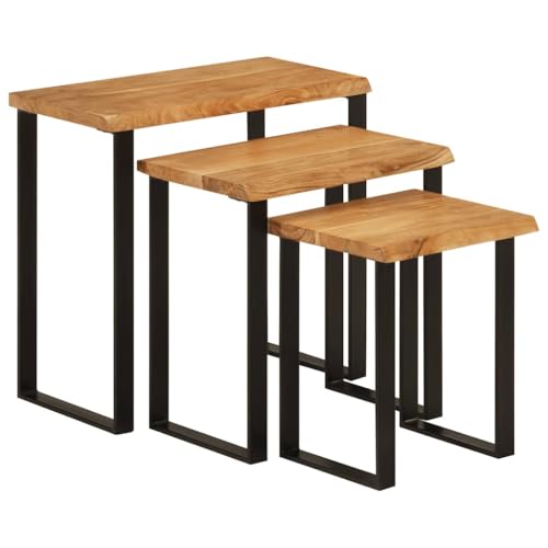 hliofuir Juego de 3 mesas de madera maciza de acacia con borde de árbol, patas en U, acero, 60/48/35 cm de ancho, mesa lateral industrial para salón, pasillo, balcón