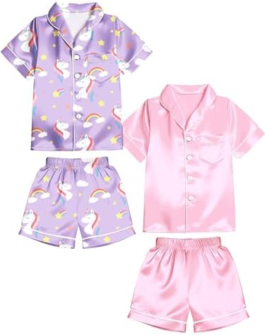 Girls 2 Packs Pajamas Set Satin Silky Short Sleeve Button Down Pj...