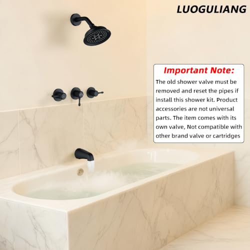 Juego de grifería para bañera y ducha de 3 manijas, negro mate, con grifo para bañera y válvula central de 8 pulgadas, 3 perillas, rociador manual ABS de 5 modos y cabezal de ducha, núcleo de válvula extendido de acero inoxidable de 5,7 pulgadas miniatura 2