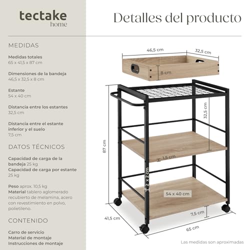 Miniatura 6 de Tectake Carrito De Cocina Con 3 Estantes, Almacenaje Y Organizador Para Baño, Hogar Y Cocina, Ruedas Giratorias Con Freno - 65 X 41,5 X 87 Cm Madera Industrial Clara, Roble Sonoma