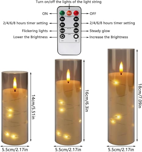 Image of 24 Pack Flameless Candles with Embedded Star String Fairy Lights, Battery Operated Candles, LED Candle, Fake Candles with Remote Control and Timer, Grey,(D2.2 x H 5 inch 6 inch 7 inch)