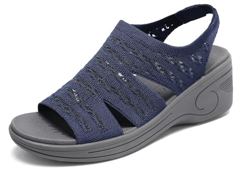 Image of Womens Wedge Sandals Platform Walking Sandals Open Toe Ankle Elastic Strap Casual Comfortable Summer Dressy