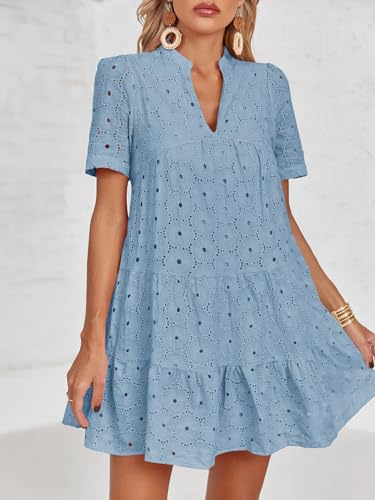 Image of Imily Bela Womens Summer Lace Dresses Eyelet Casual Flowy Babydoll Swing Short Sleeve V Neck Tunic Dress