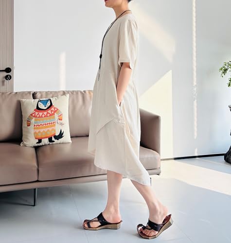 Tebreux Women's Linen Midi Dress Oversized Short Sleeve Sundress Baggy Tunic Dresses with Pockets3