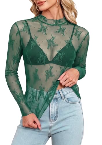 Askyes Womens Long Sleeve Sheer Mesh Top with Mock Neck Lace Floral See Through Sexy Y2k Style Blouses Dark Green L