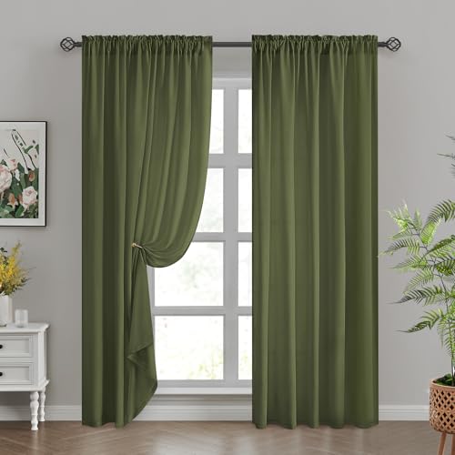 HOMEIDEAS Non-See-Through Olive Green Privacy Sheer Curtains, 52 X 96 Inches Long 2 Panels Sheer Curtains Light Filtering Window Drapes for Bedroom Living Room by HOMEIDEAS - Used condition - US$25.16