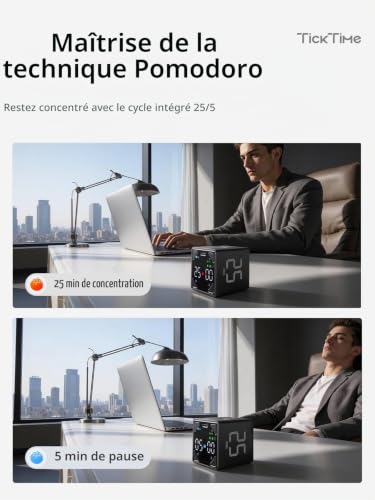 Ticktime T4 Pomodoro Timer, 25/5 Min Pomodoro, Préréglages 5/25/30/60 Min, Minuteur Personnalisé, Chronomètre, Magnétique, Rechargeable, Silencieux, Vibration & Son, pour TDAH Tâches Etude Bureau – vue 2