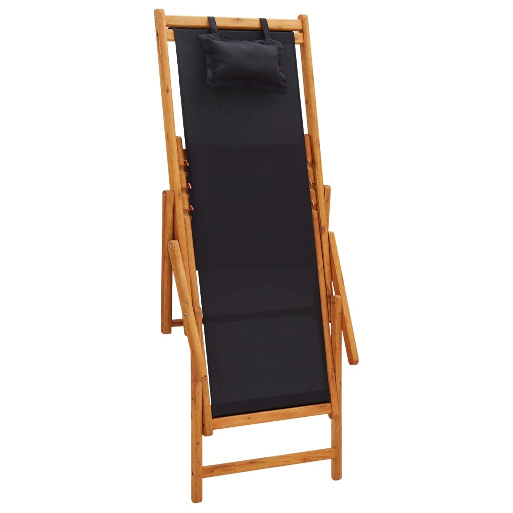 Strandstuhl Klappbar aus Massivholz Eukalyptus mit Stoff Schwarz 3-Fach verstellbar Gartenstuhl Balkonstuhl Terrassenstuhl Campingstuhl Relaxstuhl Outdoor leicht transportierbar
